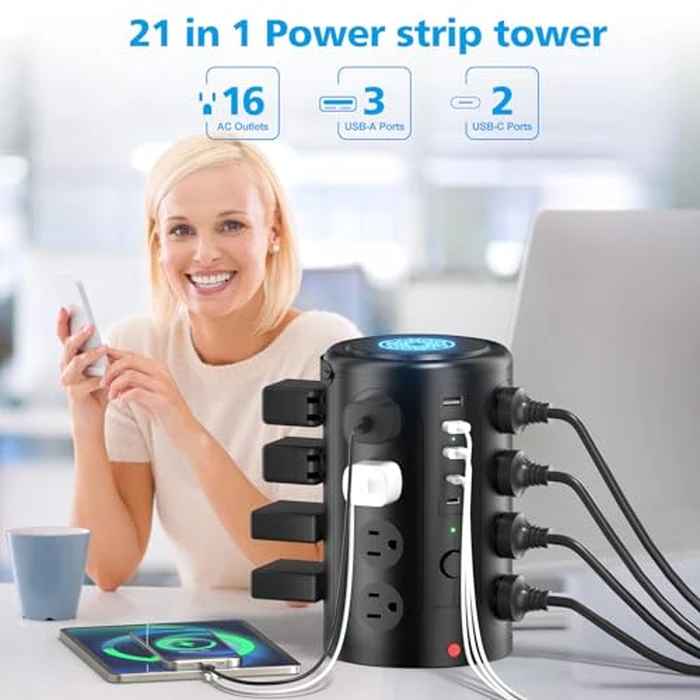 Tower Power Strip Surge Protector with 16 Outlets and 5 USB Ports (2 USB-C), 6FT Extension Cord with Multiple Outlets,Heavy Duty Charging Station,Home Office Dorm Room Essentials. No Wireless Charging by UWIWUTEI - Image 2
