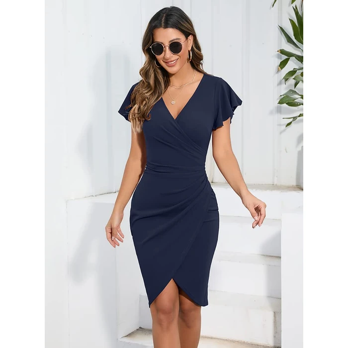 Machico Womens V Neck Bodycon Dress Ruffle Sleeve Slit Wrap Knee Length Cocktail Party Evening Dresses Navy by Machico - Image 2