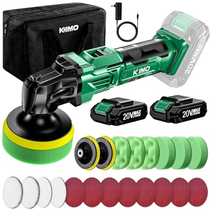 KIMO 20V Cordless Buffer Polisher Kit, 25Pcs Polishing Kit, 6 Speeds to 6000RPM Cordless Polisher with 2*2000mAh Batteries, 4 Inch Buffer Polisher for Car, Motorcycle, Truck Detailing, Scratch Remover by K I M O. - Used - Very Good condition - US$59.50
