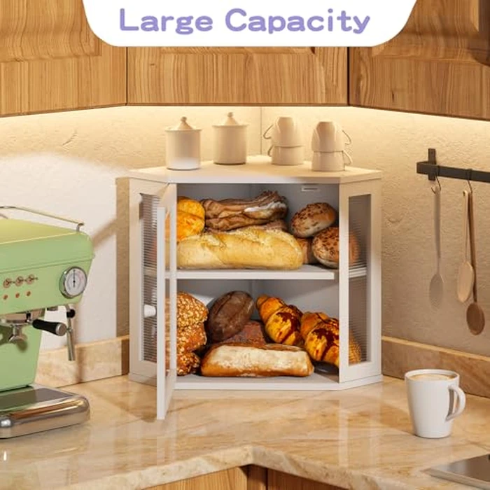 Wieghda Corner Bread box for Kitchen Countertop,Farmhouse Bread Box with Acrylic Wavy Door Panel,Large Bread box for kitchen countertop,Kitchen Countertop Food Storage Container (White, Medium) by Wieghda - Image 5