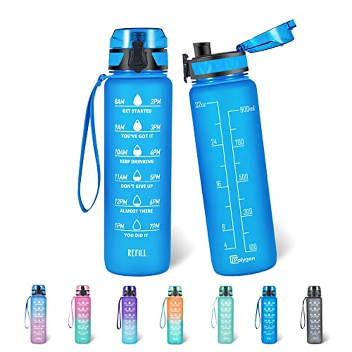 Polygon 32oz Motivational Water Bottle with Time Marker & Removable Strainer to Remind You Drink More Water, Fast Flow, Leakproof BPA Free Sport Water Bottle for Fitness and Outdoor(Blue) by Polygon - Image 1