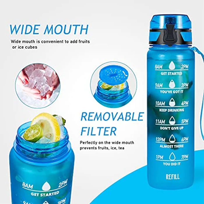 Polygon 32oz Motivational Water Bottle with Time Marker & Removable Strainer to Remind You Drink More Water, Fast Flow, Leakproof BPA Free Sport Water Bottle for Fitness and Outdoor(Blue) by Polygon - Image 4