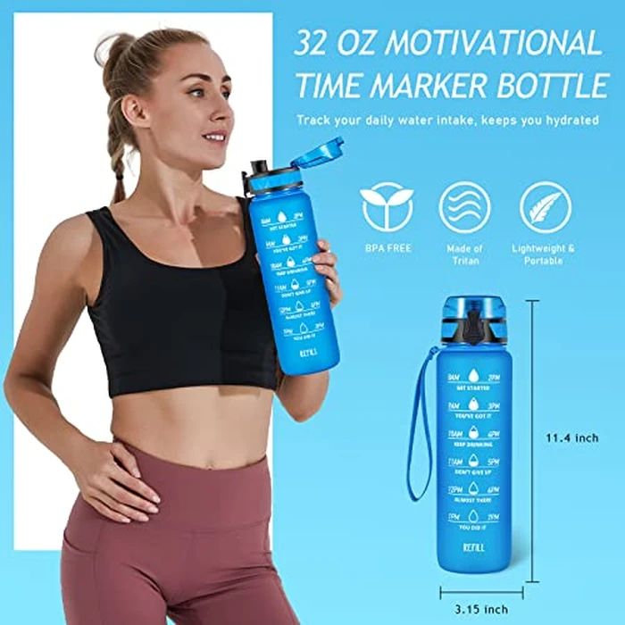 Polygon 32oz Motivational Water Bottle with Time Marker & Removable Strainer to Remind You Drink More Water, Fast Flow, Leakproof BPA Free Sport Water Bottle for Fitness and Outdoor(Blue) by Polygon - Image 6