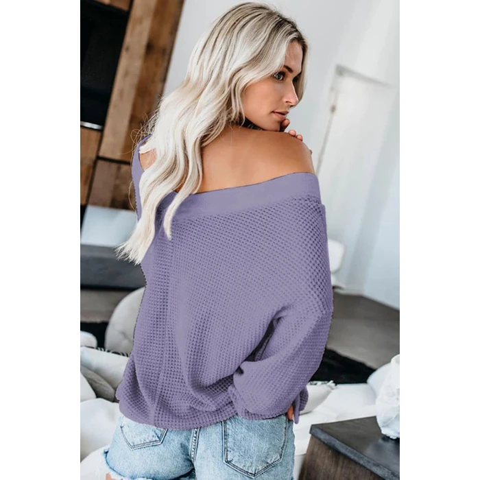 Tobrief Women Casual Long Sleeve Spring Shirts V Neck Solid Color Soft Waffle Knitted Oversized Pullover Loose Fit Jumper Purple S by Tobrief - Image 4
