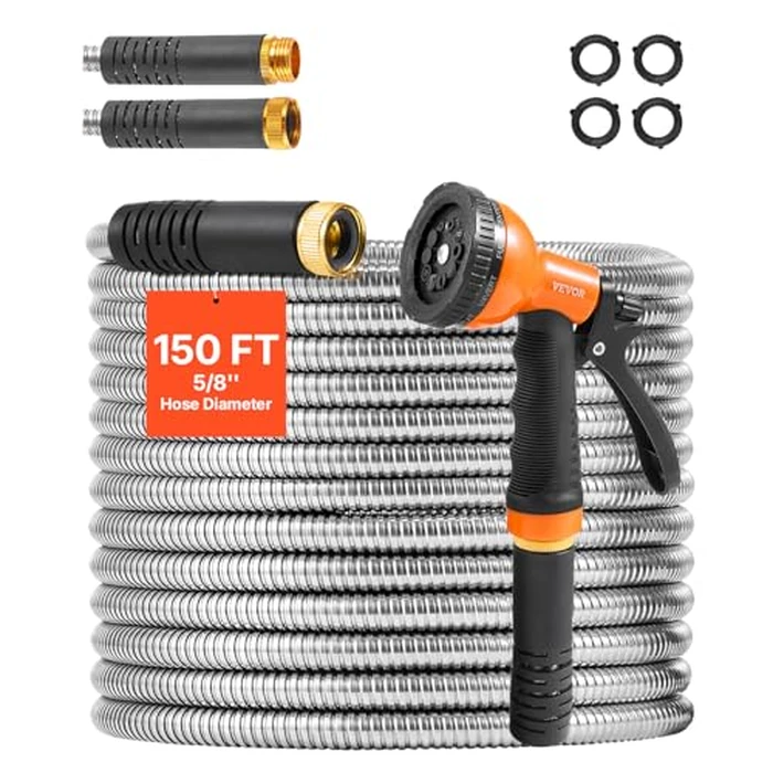 VEVOR Metal Garden Hose 150 ft, Rust Proof Stainless Steel Water Hose, Heavy Duty Backyard Hose with 10 Function Nozzle, No-Kink & Flexible Water Pipe, Lightweight Metal Hose for Yard, Outdoor by VEVOR - Used - Acceptable condition - CA$55.99