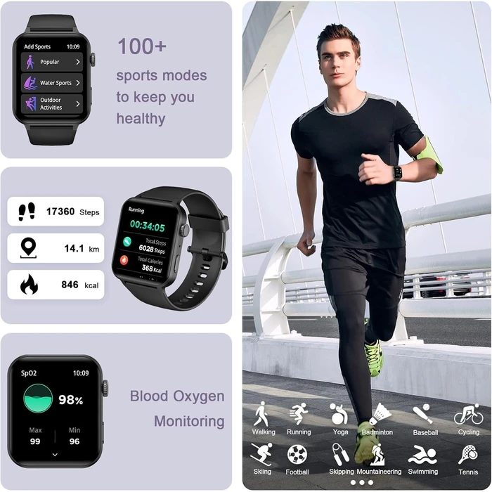 IOWODO R30 Pro Smart Watch 1.85'' HD Screen with Make and Answer Calls - Black Plastic Case with Black Silicone Sport Band by IOWODO - Image 3