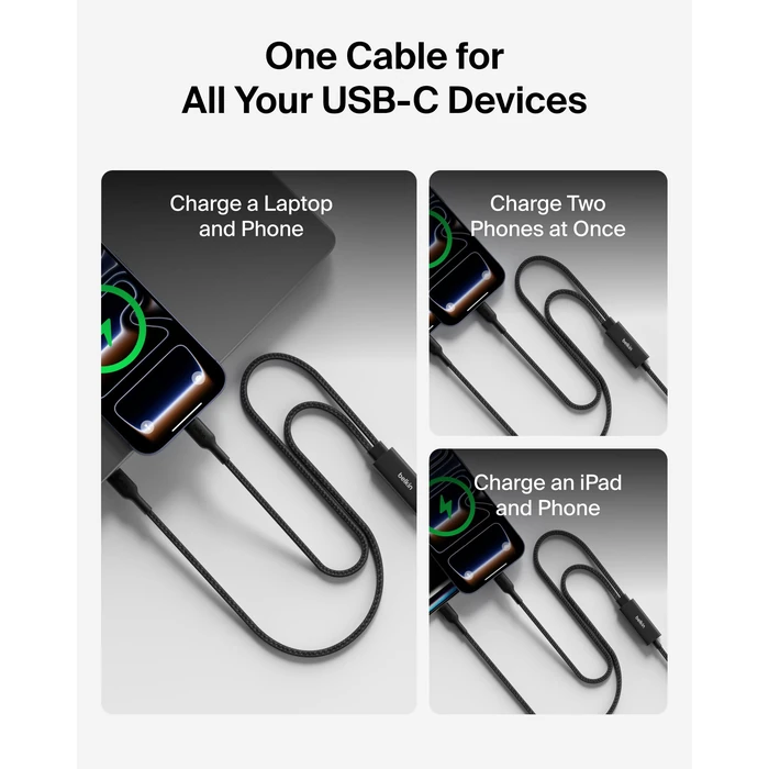 Belkin 2-in-1 USB C to USB C Cable 140W, 5ft Braided Dual Charging Cable - Fast-Charging Combo Cord w/Smart Power Sharing for MacBook, iPhone, iPad, Samsung, Pixel, & More - Travel Essentials - Black by Belkin - Image 6