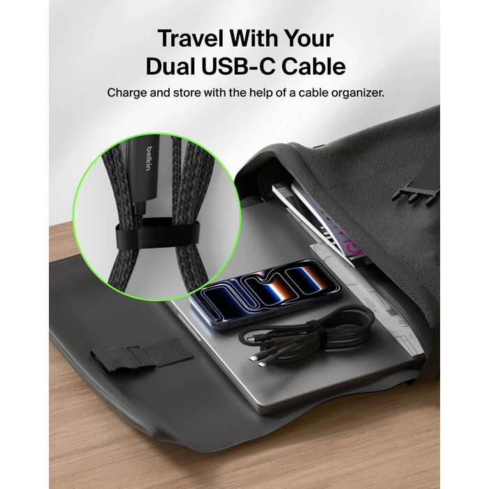 Belkin 2-in-1 USB C to USB C Cable 140W, 5ft Braided Dual Charging Cable - Fast-Charging Combo Cord w/Smart Power Sharing for MacBook, iPhone, iPad, Samsung, Pixel, & More - Travel Essentials - Black by Belkin - Image 8