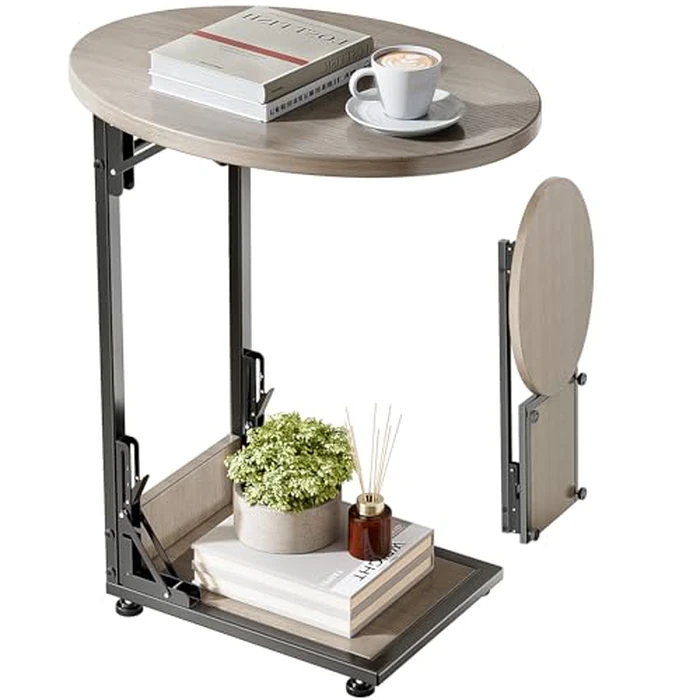 Elbourn Folding Side Table End Couch Tables,Metal Frame C-Shaped TV Stand for Sofa Living Bedroom Bedside Coffee Small Spaces (Gray) by Elbourn - Used - Very Good condition
