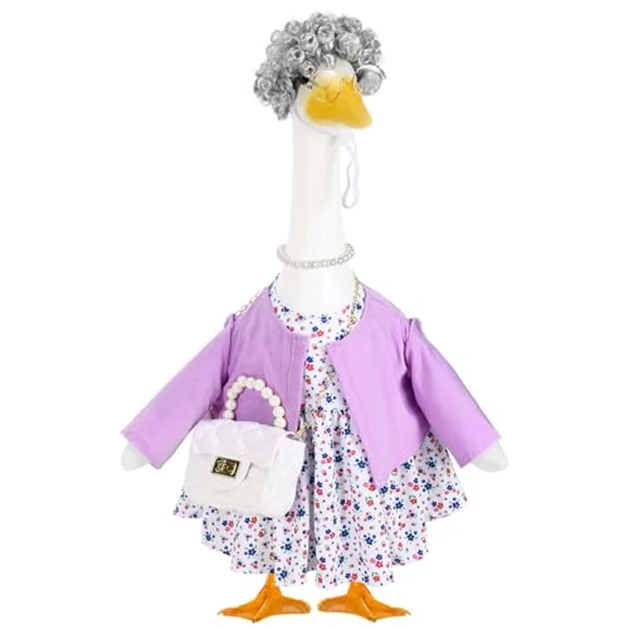 JcHrmers Old Lady Porch Goose Outfits Grandma Goose Clothes Old Lady Purple Floral Goose Costume with Curly Wig Necklace Bag Fits 23" Geese Statue for School Lawn Patio Yard Garden Decor by JcHrmers - Used - Like New condition
