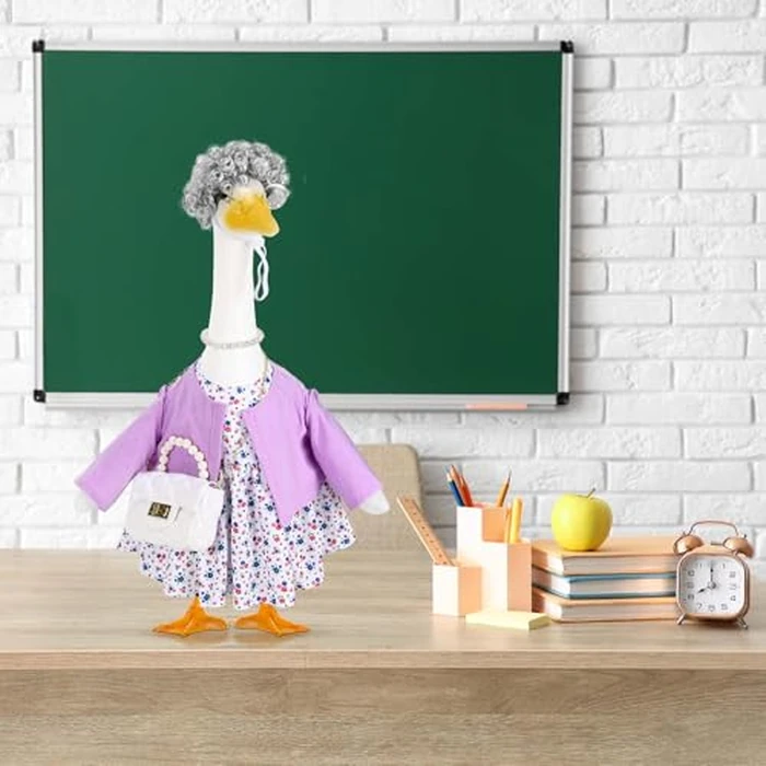 JcHrmers Old Lady Porch Goose Outfits Grandma Goose Clothes Old Lady Purple Floral Goose Costume with Curly Wig Necklace Bag Fits 23" Geese Statue for School Lawn Patio Yard Garden Decor by JcHrmers - Image 4