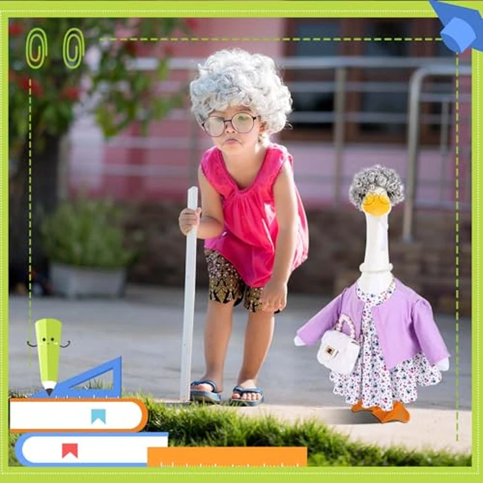 JcHrmers Old Lady Porch Goose Outfits Grandma Goose Clothes Old Lady Purple Floral Goose Costume with Curly Wig Necklace Bag Fits 23" Geese Statue for School Lawn Patio Yard Garden Decor by JcHrmers - Image 5
