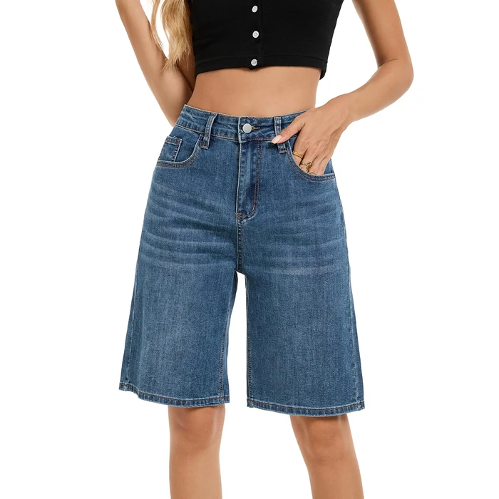 TOSATISFINE Womens Jean Shorts High Waisted Stretchy Long Denim Bermuda Shorts Knee Length Baggy Summer Jorts Blue M by TOSATISFINE - Used - Like New condition