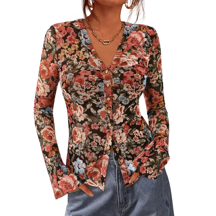 BTFBM Button Down Shirts for Women 2026 Spring Boho Tops V Neck Long Sleeve Blouses Ruched Mesh Fitted Fashion Clothing(Floral Black Red, Large) by BTFBM - Image 1