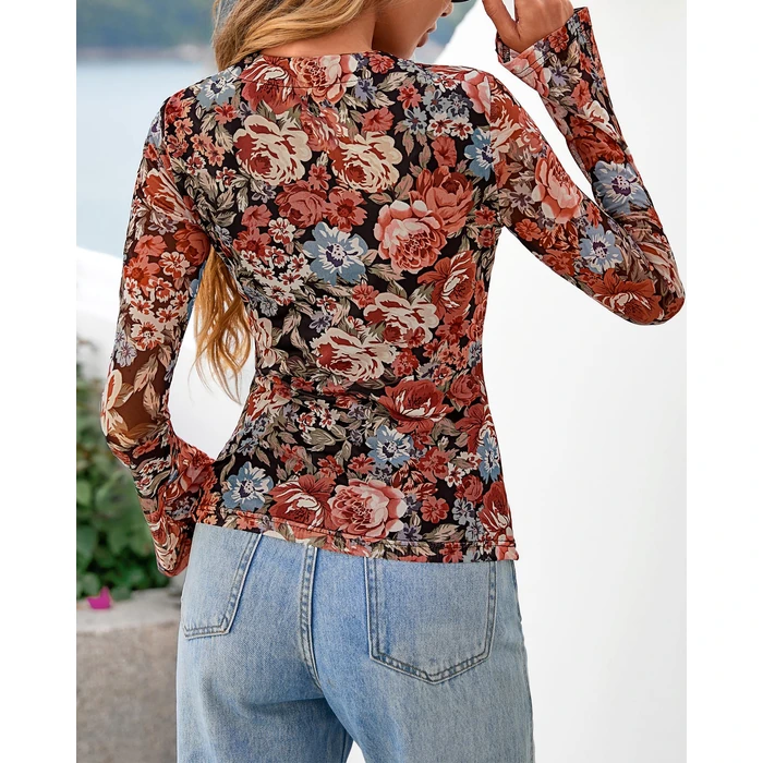 BTFBM Button Down Shirts for Women 2026 Spring Boho Tops V Neck Long Sleeve Blouses Ruched Mesh Fitted Fashion Clothing(Floral Black Red, Large) by BTFBM - Image 3