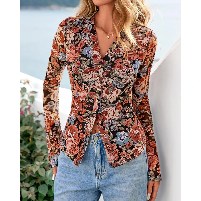 BTFBM Button Down Shirts for Women 2026 Spring Boho Tops V Neck Long Sleeve Blouses Ruched Mesh Fitted Fashion Clothing(Floral Black Red, Large) by BTFBM - Image 7