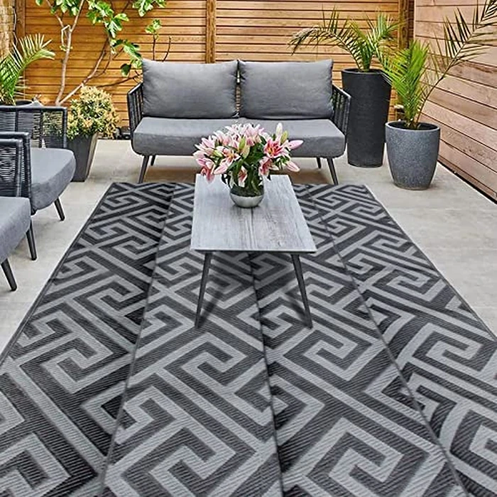 OZHOMY 9x12 Ft Reversible Outdoor Rugs Portable I-Shaped Mats Waterproof Plastic Straw Mat Foldable RV Camping Rug for Garden Patios Deck Balcony BBQ Beach (Grey & Black) by OZHOMY - Image 1