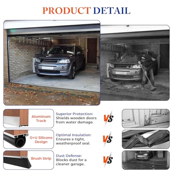 POWLAB Universal Garage Door Seals Kit -10FT EPDM U+O Bottom Rubber Weatherproof Seal & Brush, Pre-Drilled Aluminum Track Retainer Base Kit for Steel/Wooden Doors, Noise Reducing by POWLAB - Image 2