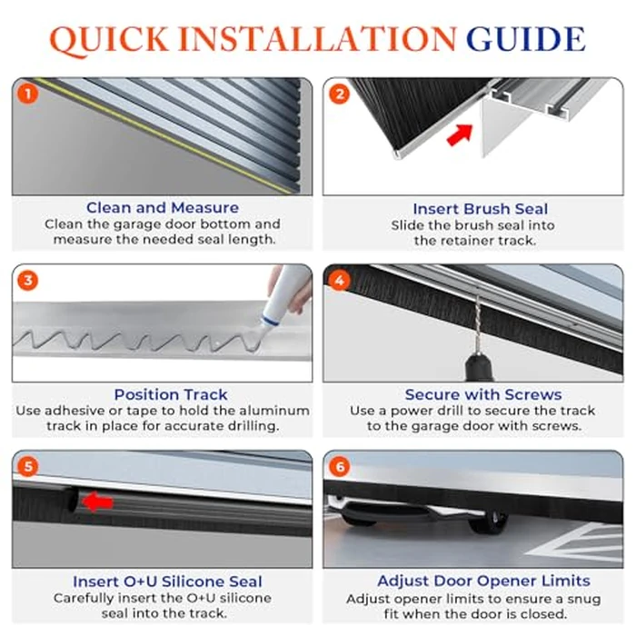 POWLAB Universal Garage Door Seals Kit -10FT EPDM U+O Bottom Rubber Weatherproof Seal & Brush, Pre-Drilled Aluminum Track Retainer Base Kit for Steel/Wooden Doors, Noise Reducing by POWLAB - Image 4