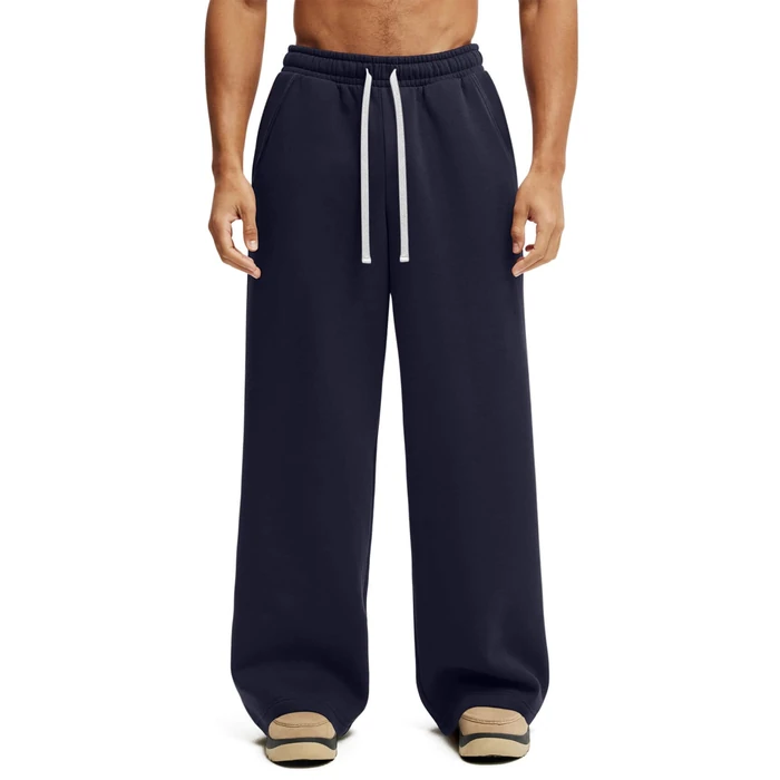HeSaYep Men's Baggy Sweatpants Wide Leg Fleece Lined Lounge Sweat Pants Winter Thermal Cotton Athletic Pants Open Bottom Straight Leg Workout Pants with Pockets Navy Blue S by HeSaYep - Image 1
