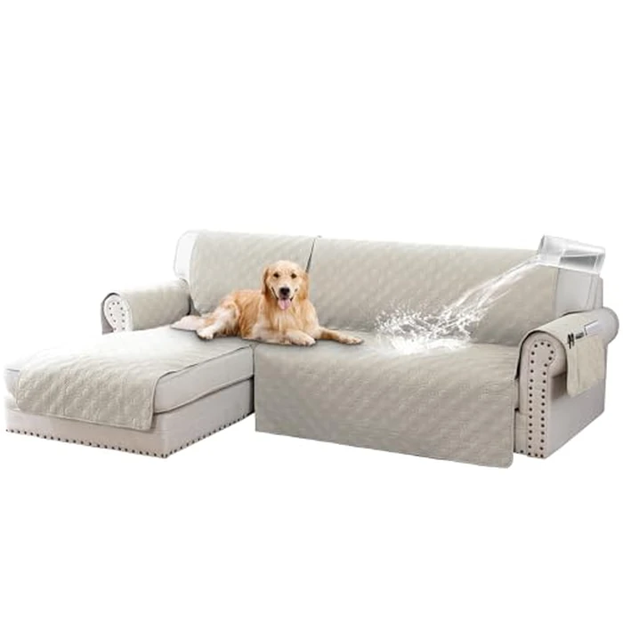 Turquoize 100% Waterproof L Shape 2 Piece Couch Covers Non-Slip Sectional Chaise Lounge Cover Sofa Slipcovers Pet Friendly Furniture Protector for Pets, Kids (Left Chaise + 3 Seat Seater, French Oka) by Turquoize - Image 1