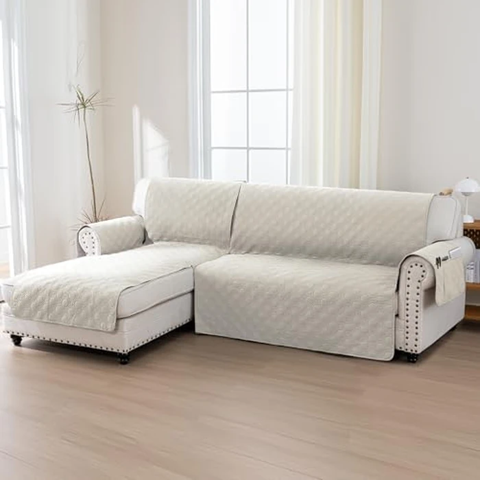 Turquoize 100% Waterproof L Shape 2 Piece Couch Covers Non-Slip Sectional Chaise Lounge Cover Sofa Slipcovers Pet Friendly Furniture Protector for Pets, Kids (Left Chaise + 3 Seat Seater, French Oka) by Turquoize - Image 2