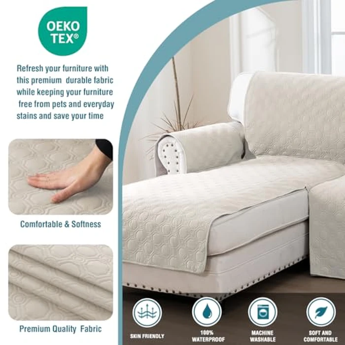 Turquoize 100% Waterproof L Shape 2 Piece Couch Covers Non-Slip Sectional Chaise Lounge Cover Sofa Slipcovers Pet Friendly Furniture Protector for Pets, Kids (Left Chaise + 3 Seat Seater, French Oka) by Turquoize - Image 3
