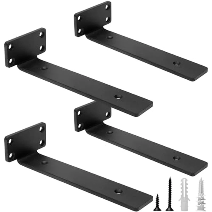 HITOMEN Heavy Duty Floating Shelf Brackets, 8-Inch (1/5'' Thick) Hidden Shelves Hardware, Iron L Brackets, Rustic Industrial Black Metal Wall Shelving Supports, 4 Pack by HITOMEN - Used - Like New condition - US$18.27