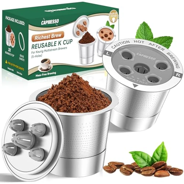 CAPMESSO Reusable K Cups for Keurig: 2025 Updated My K Cup Metal Coffee Filter Refillable Coffee Pods with 5 Holes - for K Supreme/K Slim/K-Duo Gen2/K-Brew Chill with MultiStream Technology (2 Pack) by CAPMESSO - Used - Like New condition - CA$18.42