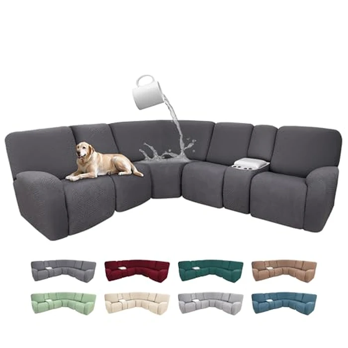 ROFASVCO 100% Waterproof Sectional Recliner Couch Covers for Reclining Couch L Shaped Corner Sectional Sofa Cover Jacquard Stretch L Shape Recliner Slipcovers (5 Seater 1 Console Cover, Deep Grey) by ROFASVCO - Used - Like New condition