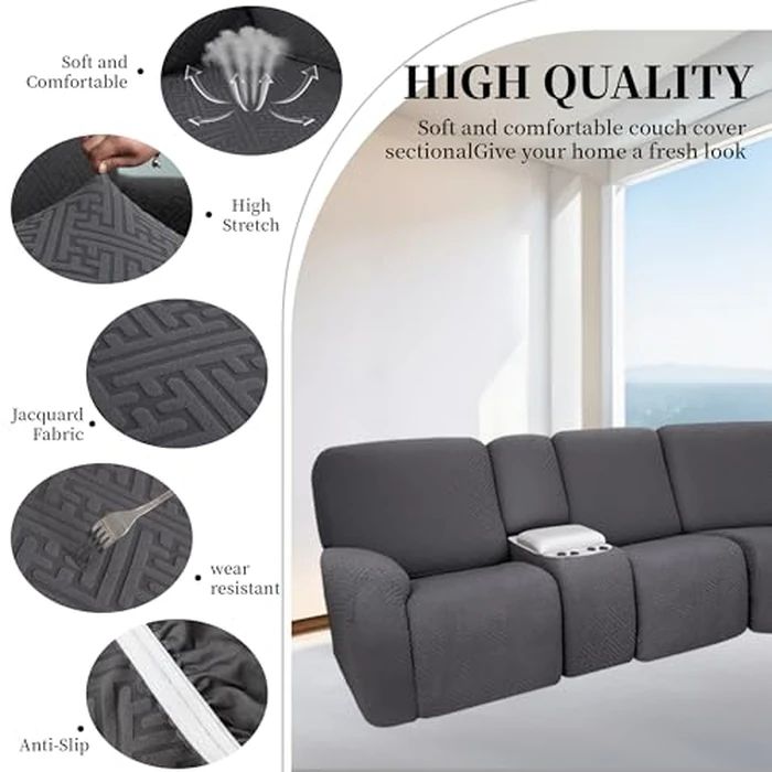 ROFASVCO 100% Waterproof Sectional Recliner Couch Covers for Reclining Couch L Shaped Corner Sectional Sofa Cover Jacquard Stretch L Shape Recliner Slipcovers (5 Seater 1 Console Cover, Deep Grey) by ROFASVCO - Image 5