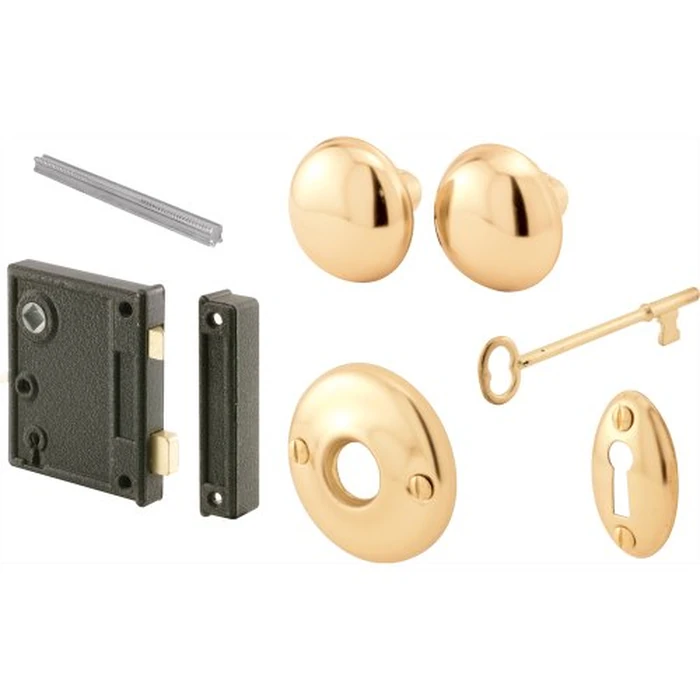 Prime-Line Products E 2437 Vertical Trim Lock Set, Surface Mount, Keyed, Brass Knobs by Prime-Line - Used - Acceptable condition - CA$12.49