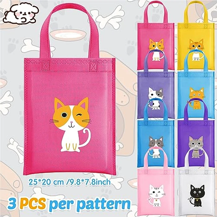 Hosuly 24 Pieces Dog Cat Party Favors Puppy No Woven Tote Bags Reusable Bag Bulk Puppy Kitten Goodie Candy Treat Bags with Handles Vet Tech Week Gifts for Kids Pet Lover Birthday Party Supplies(Cat) by Hosuly - Image 2