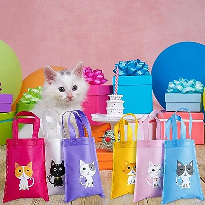 Hosuly 24 Pieces Dog Cat Party Favors Puppy No Woven Tote Bags Reusable Bag Bulk Puppy Kitten Goodie Candy Treat Bags with Handles Vet Tech Week Gifts for Kids Pet Lover Birthday Party Supplies(Cat) by Hosuly - Image 5