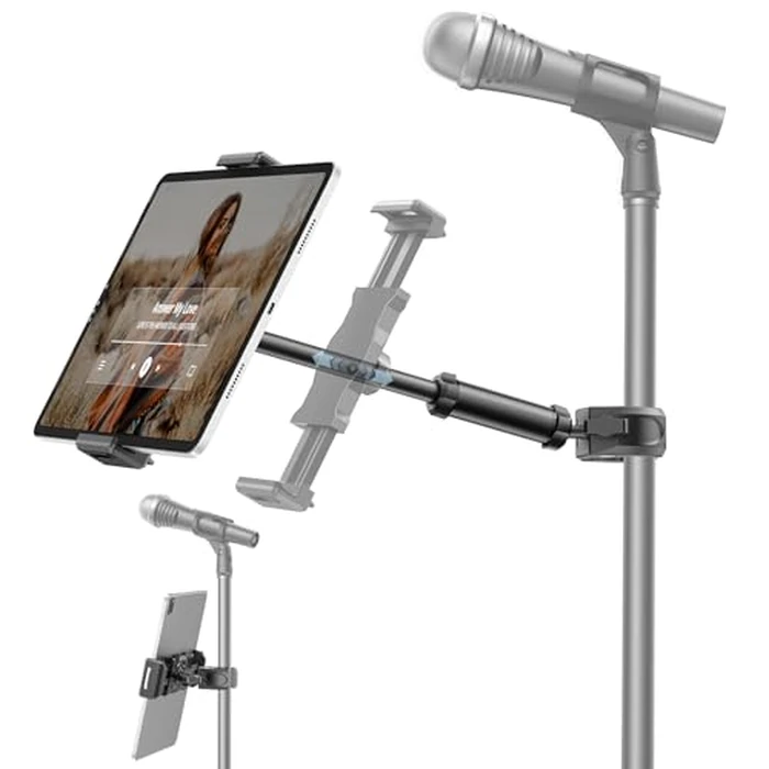 KDD iPad Holder for Mic Stand, Adjustable Tablet & Phone Mount for Microphone Music Stand, Fitness Bike Handlebar Bracket, Fit for iPad Pro 12.9, Air, Mini, Galaxy Tabs, iPhone(4.7-13”) by KDD - Used - Very Good condition