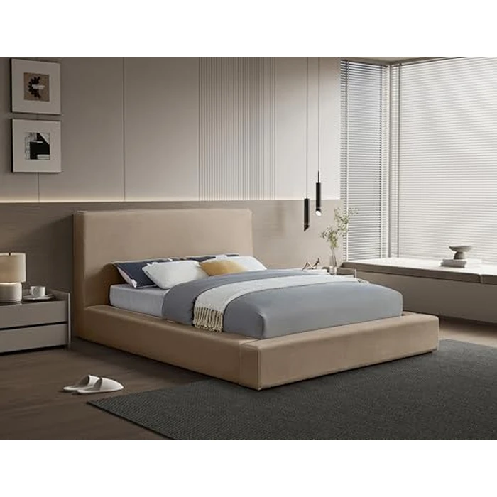 Meridian Furniture DorianTaupe-Q Dorian Collection Modern | Contemporary Queen Bed with Ultra Luxe Taupe Velvet, 73" W x 95" D x 45" H, Taupe, Queen by Meridian Furniture - Image 2