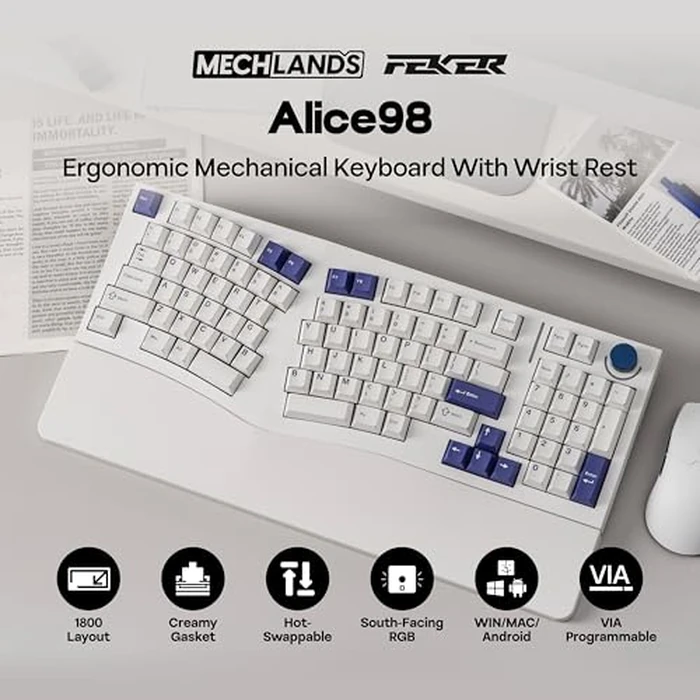 MechLands Feker Alice98 Ergonomic 98 Keys Gaming Keyboard, QMK/VIA USB-C Wired Custom Keyboard, Hot Swappable Gasket Mechanical Keyboard with 5 Layer Paddings, Knob, NKRO, RGB for Win/Mac (White) by MechLands - Image 2