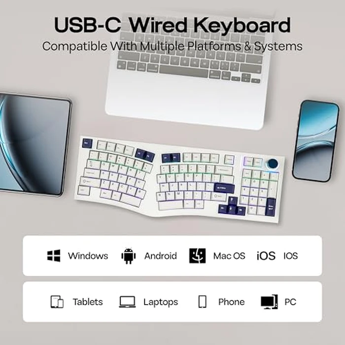 MechLands Feker Alice98 Ergonomic 98 Keys Gaming Keyboard, QMK/VIA USB-C Wired Custom Keyboard, Hot Swappable Gasket Mechanical Keyboard with 5 Layer Paddings, Knob, NKRO, RGB for Win/Mac (White) by MechLands - Image 7