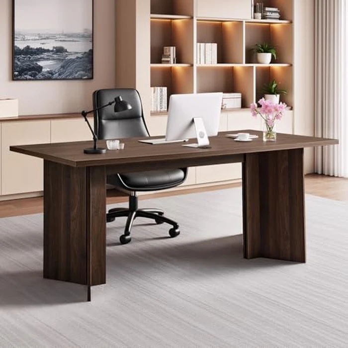 VEVOR 63 in Executive Desk, Large Modern Rectangle Office Table, Heavy Duty Wooden Executive Table with Cable Connection Hole, 250 LBS Load Capacity, Easy Assembly, for Work Study Writing, Walnut by VEVOR - Used - Acceptable condition