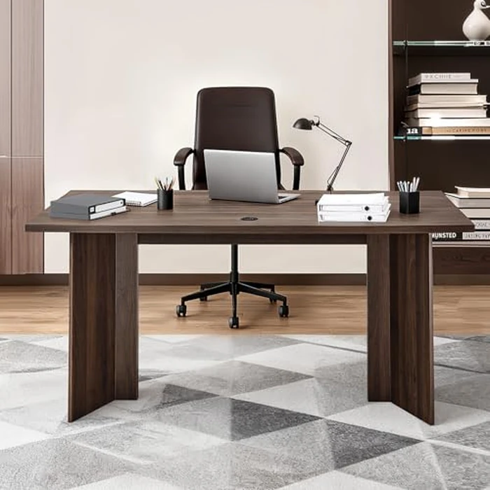 VEVOR 63 in Executive Desk, Large Modern Rectangle Office Table, Heavy Duty Wooden Executive Table with Cable Connection Hole, 250 LBS Load Capacity, Easy Assembly, for Work Study Writing, Walnut by VEVOR - Image 2