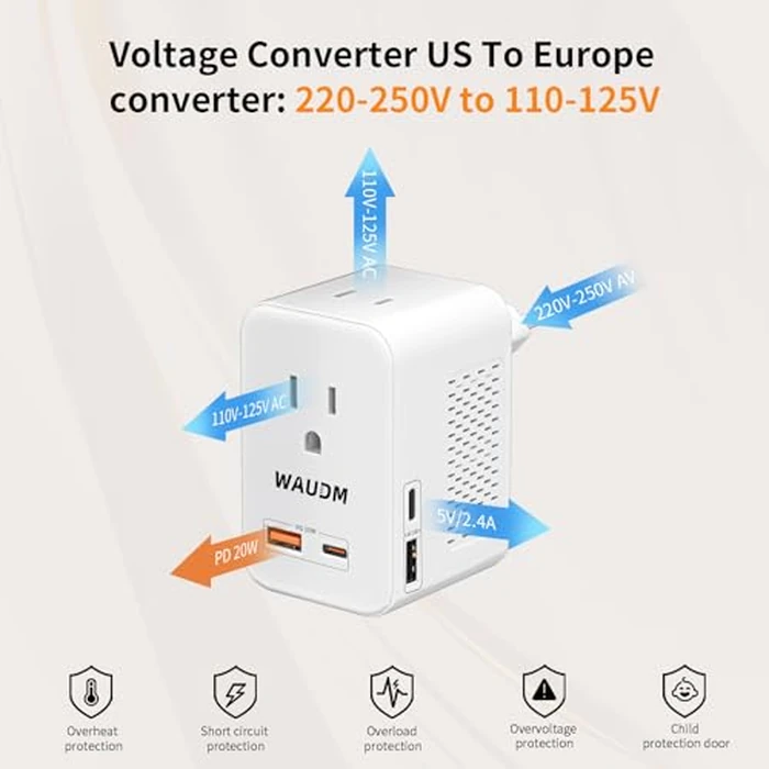 220 V to 110 V Voltage Converter, 20 W PD, Reduces 220 V to 120 V, U.S. to Europe Travel Converter for Over 80 Countries, Including Most European Countries, France, Germany, Italy and Australia by WAUDM - Image 8
