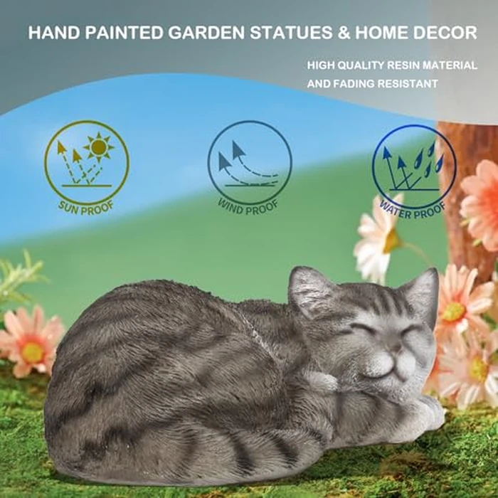 Elenon Cat Garden Statue Decorative for Yard, Grey Tabby Sleeping Cat Figurines Home Lawn Decor, Patio Kitten Tuxedo Statues Pets Memorial Ornament for Cat Lovers by Elenon - Image 4