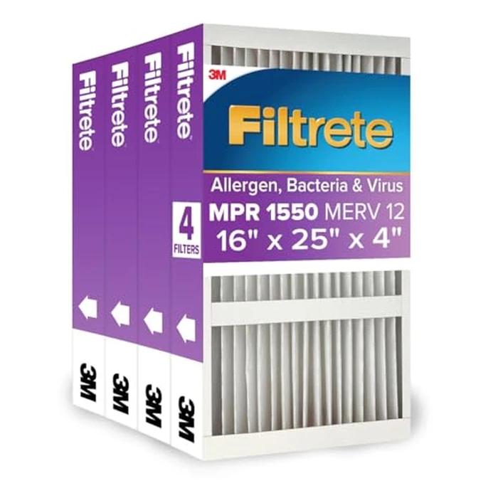 Filtrete 16x25x4 AC Furnace Air Filter, MPR 1550, MERV 12, Fits Lennox & Honeywell, CERTIFIED Asthma & Allergy Friendly, Electrostatic Air Cleaning Filter, 4-Pack (actual size 15.88 x 24.56 x 4.31) by Filtrete - Used - Very Good condition - US$67.20