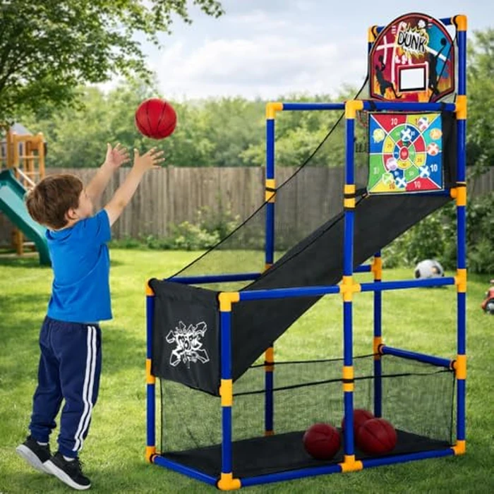 GarveeLife Kids Indoor Outdoor Basketball Arcade Game Set, 2-in-1 Adjustable Basketball Hoop with Sticky Ball, Ball Return Ramp, Includes 4 Balls & 6 Sticky Toss Balls, Sports Boys & Girls 3+ by GarveeLife - Used - Very Good condition