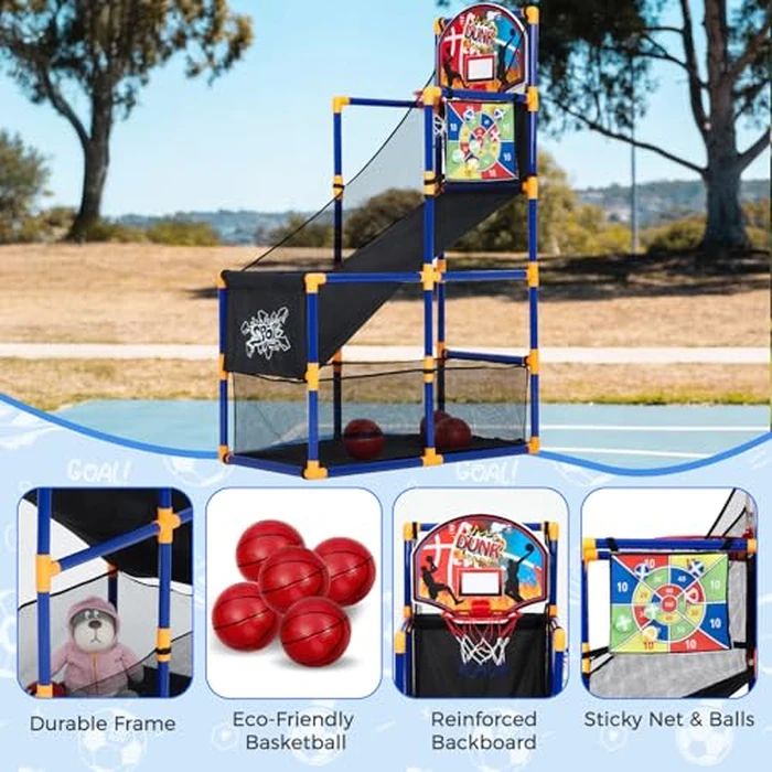 GarveeLife Kids Indoor Outdoor Basketball Arcade Game Set, 2-in-1 Adjustable Basketball Hoop with Sticky Ball, Ball Return Ramp, Includes 4 Balls & 6 Sticky Toss Balls, Sports Boys & Girls 3+ by GarveeLife - Image 2