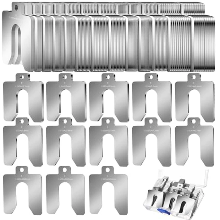 Shimeyao 130 Pcs Size C 4" X 4" Stainless Steel Slotted Shims Kit Composite Precision Metal Shims Stock for Leveling Assortment with Storage Box 8 or 13 Thicknesses for Machinist Motor Shop Wood Door by Shimeyao - Used - Very Good condition - US$213.01