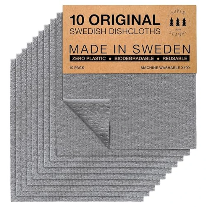SUPERSCANDI 10 Pack Swedish Dish Cloths for Kitchen - 100% Biodegradable & Compostable | Washable Kitchen Cloths, Food-Safe & Without Plastic - Reusable Paper Towel for Any Surface | Grey by SUPERSCANDI - Used - Very Good condition - CA$21.93