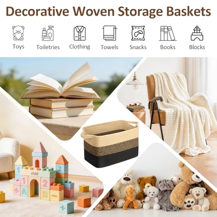 Ceecysaa Storage Basket,Panier Rangement Collapsible Cotton Rope Woven Storage Baskets Organization for Books Shelf Baskets,Toy Bins,Clothes,Towel Baskets,Blanket Basket with Handles 12.8x9x9 Inches by Ceecysaa - Image 6