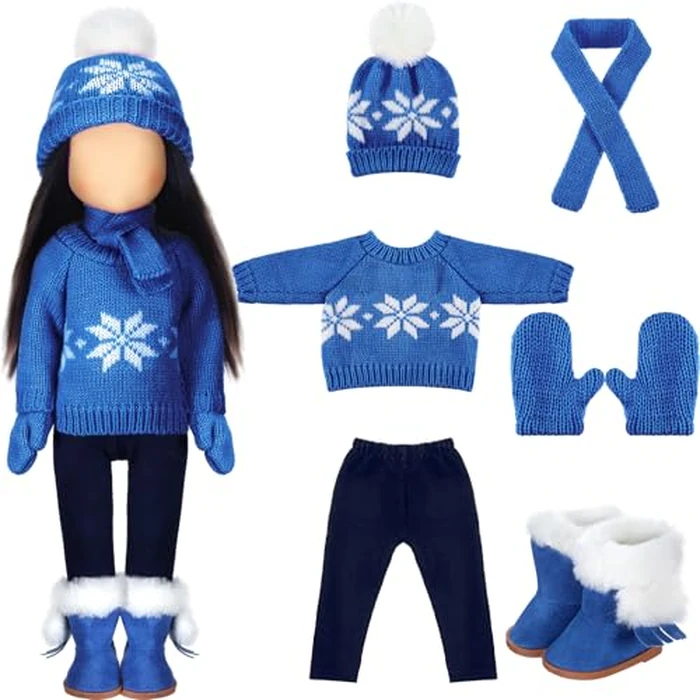 Bencailor 6 Pcs 18 Inch Christmas Doll Clothes and Accessories Winter Outfits Set Sweaters Trousers Hats Shoes Gloves for 18 Inch Doll Gifts(Blue) by Bencailor - Image 1