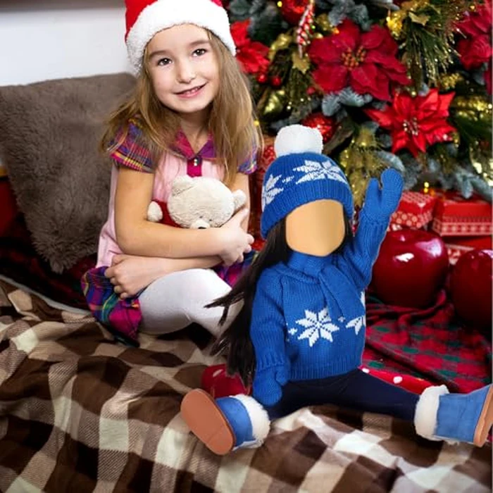 Bencailor 6 Pcs 18 Inch Christmas Doll Clothes and Accessories Winter Outfits Set Sweaters Trousers Hats Shoes Gloves for 18 Inch Doll Gifts(Blue) by Bencailor - Image 4